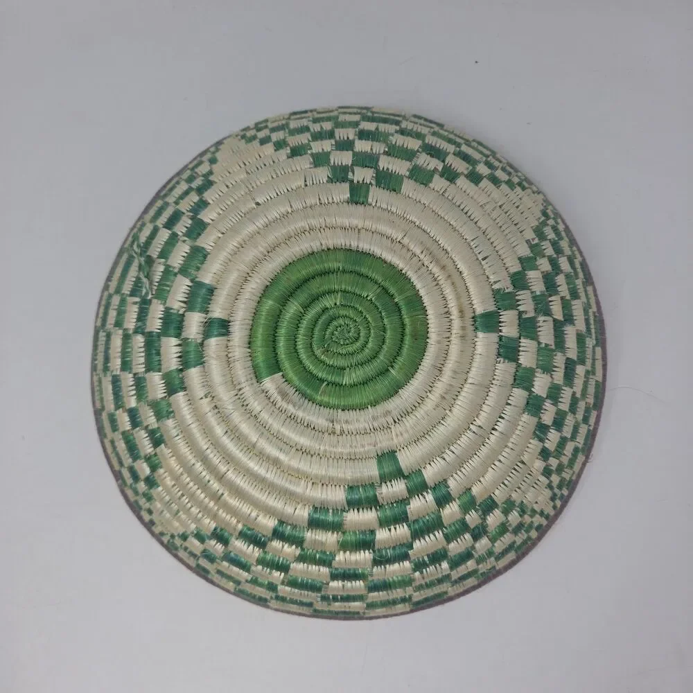 Vintage 11” Woven/Reed Coiled Basket Bowl Wall Green White African